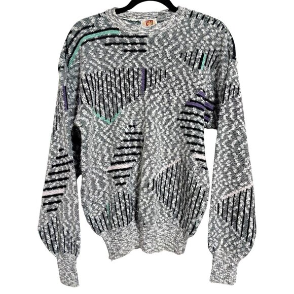 Vintage 90s FLUID Geometric Bubble Knit Sweater Mens Size S Gray Green Purple Ac - Picture 1 of 11